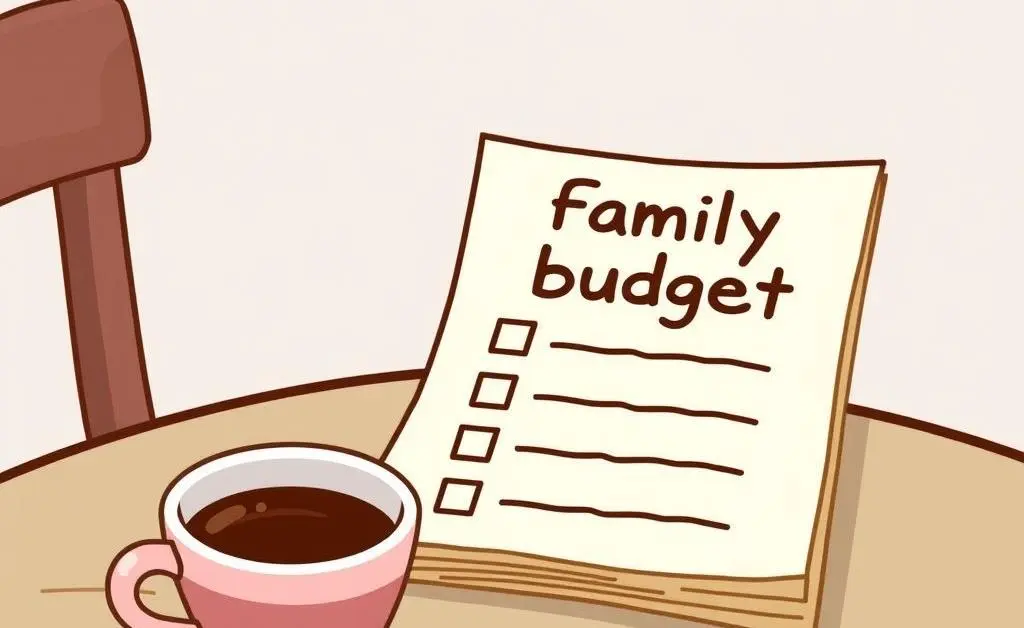 A checklist for a family budget on a table with a cup of coffee.