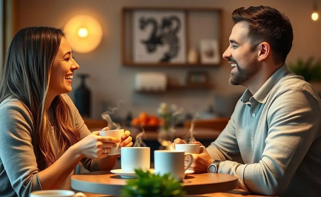 A couple happily discussing their budget over coffee at a dining table.