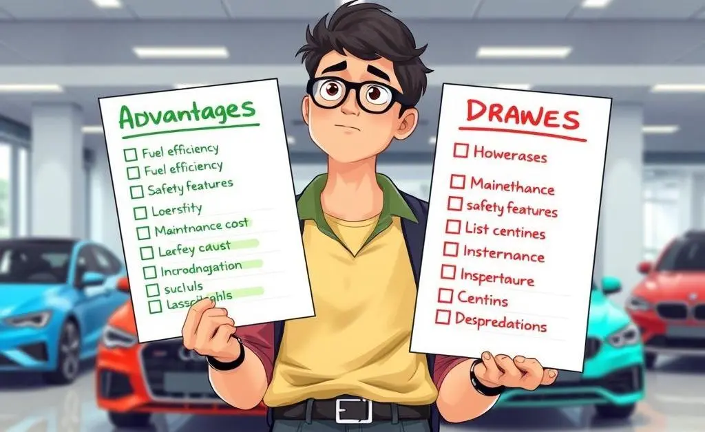 Illustration of a person balancing a checklist of pros and cons for buying a car