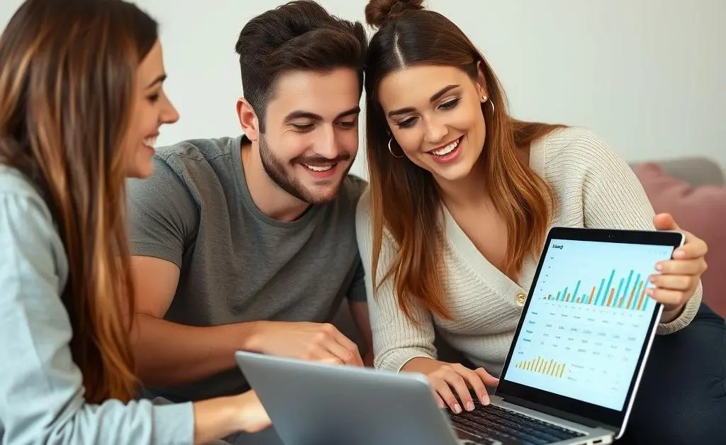 Two friends discussing over an open laptop with budget charts visible on screen