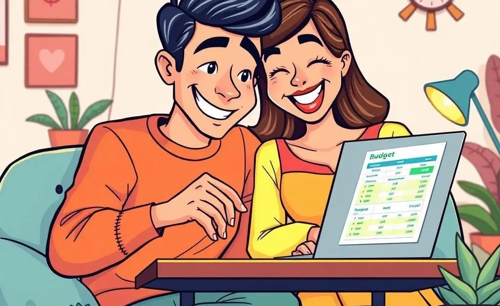 A couple using a laptop and a budget spreadsheet.
