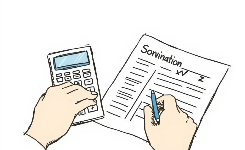 Hand-drawn style image of a person using a calculator and writing a budget.