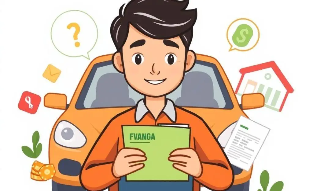 Cartoon-style image of a person managing their budget with insurance and car elements around.