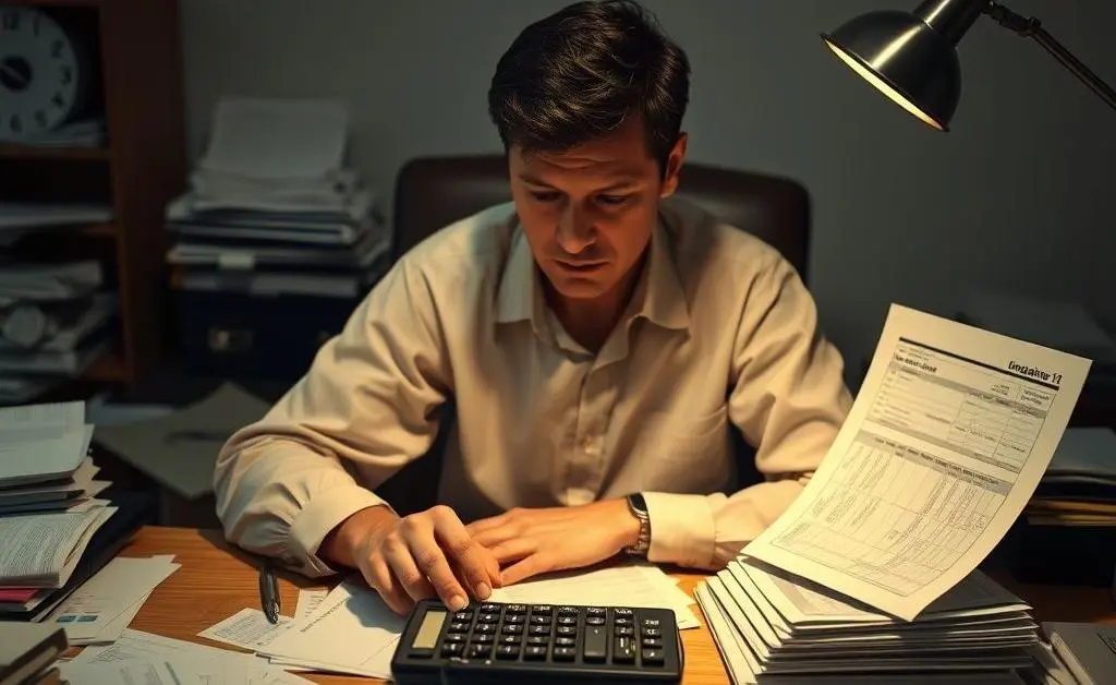 A person sitting at a desk with a calculator and car insurance papers laid out.