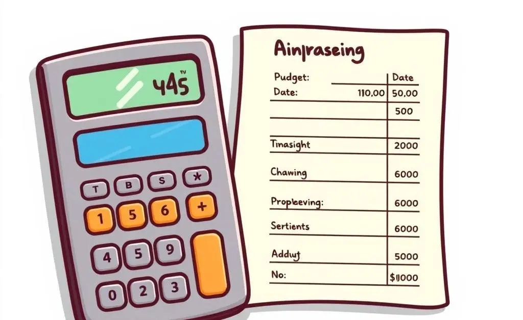 A cartoon-style calculator and budget sheet displaying various financial planning elements