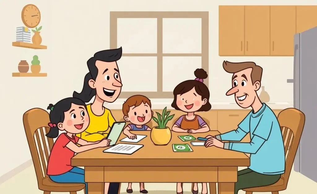 Illustration of a family budgeting for retirement at a kitchen table