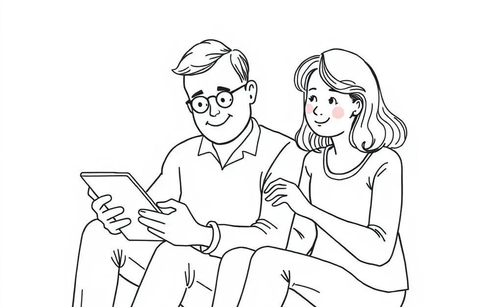 A drawing of a man and woman sitting with a calculator and planning a retirement budget.