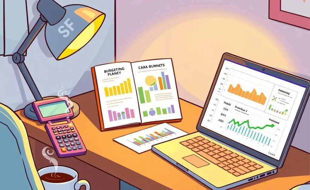 A cartoon-style image of a desk with a budgeting planner, calculator, coffee cup, and laptop