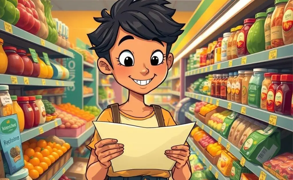 A whimsical scene of a character at a grocery store checking a list while choosing affordable items.