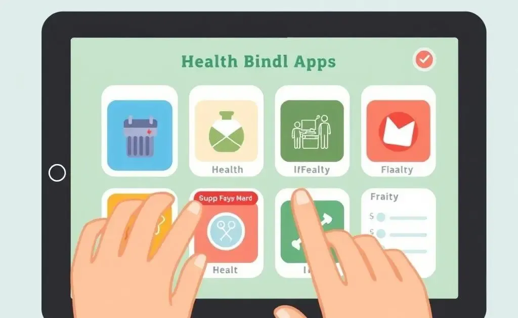 A cartoon-style image of a person using a tablet with health budgeting apps open.