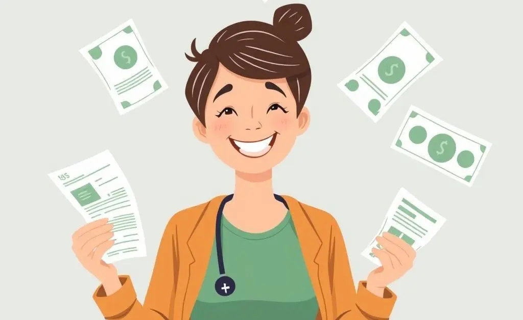 Person juggling healthcare bills, symbolizing control over health expenses.
