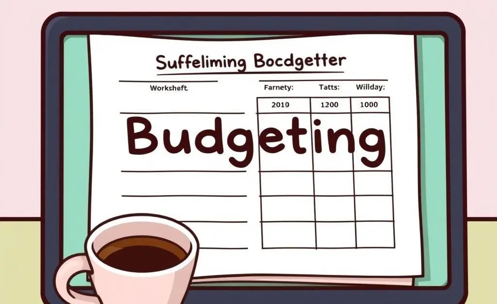 Simple budgeting worksheet with a coffee cup and pen