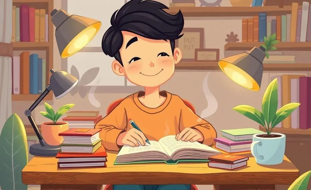 A cartoon showing a person happily journaling their budget in a cozy setting.