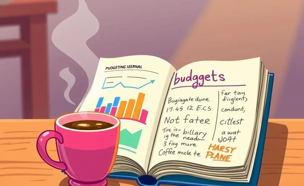 An open budgeting journal with a coffee mug nearby