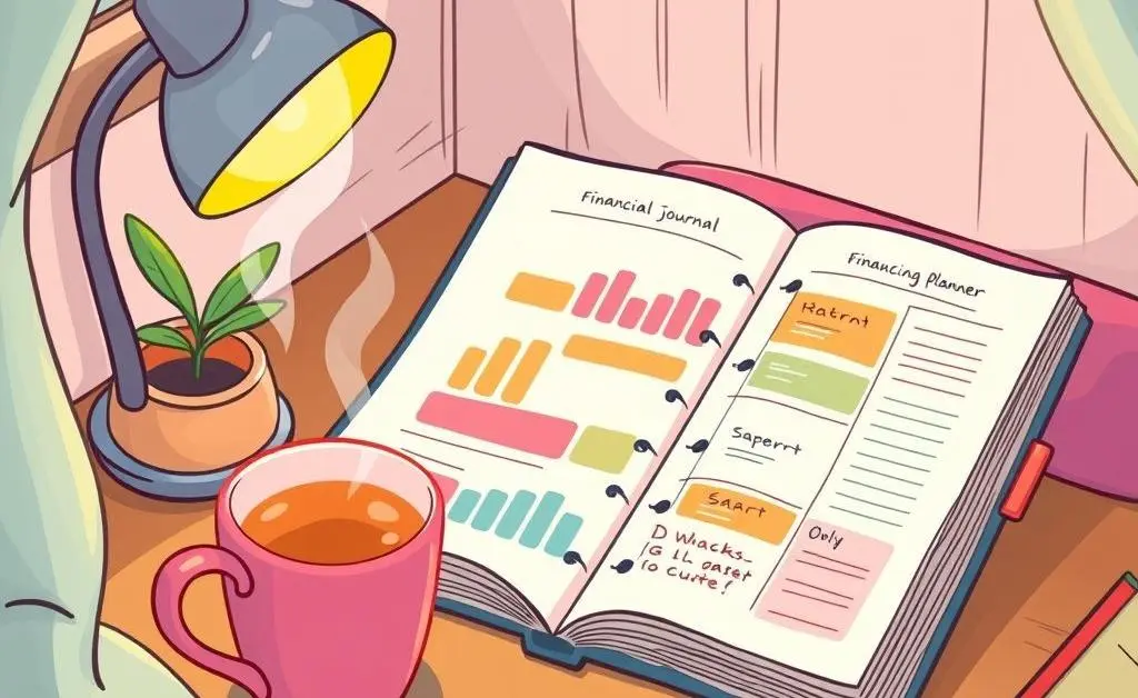 A cartoon-style image showing a cozy desk with an open budgeting journal and a cup of tea