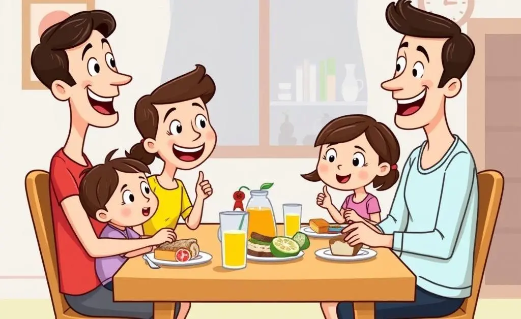 Family planning a budget at the breakfast table