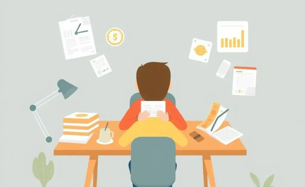 A person budgeting at a desk surrounded by financial planning tools.