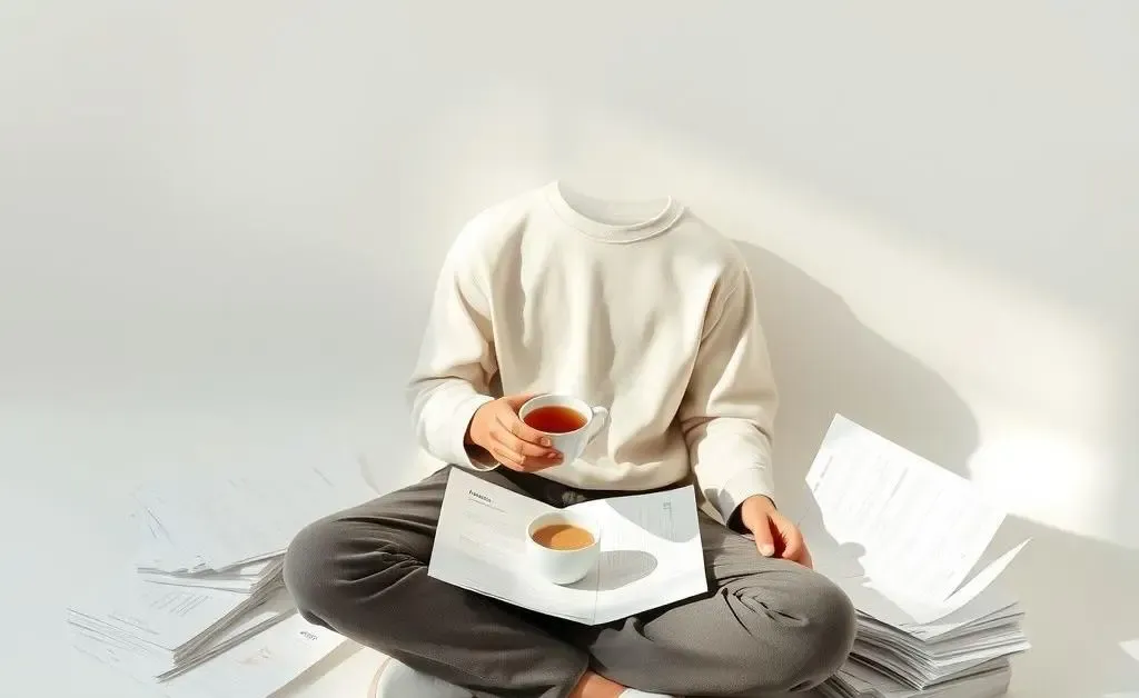 Calm, minimalist scene of a person sitting with financial documents and a cup of tea