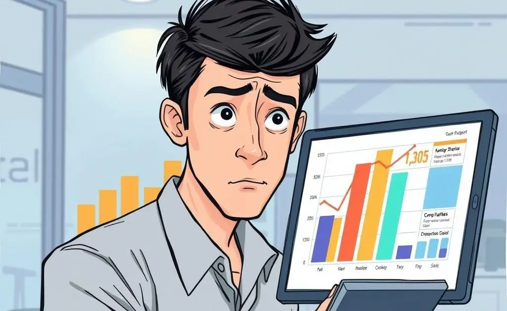 An illustration of a person looking puzzled at a graph showing different budget categories.