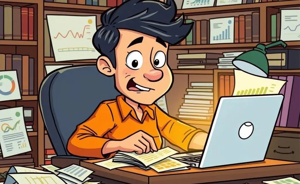 Cartoon showing a person at a desk surrounded by financial documents and a laptop.