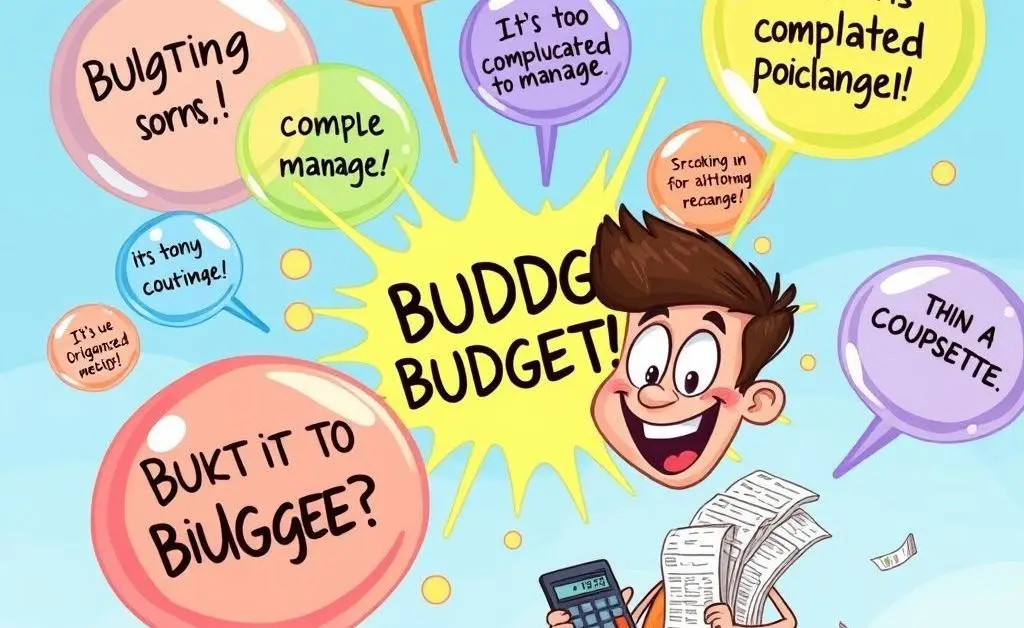 A cartoon illustration of common budgeting myths being popped like bubbles