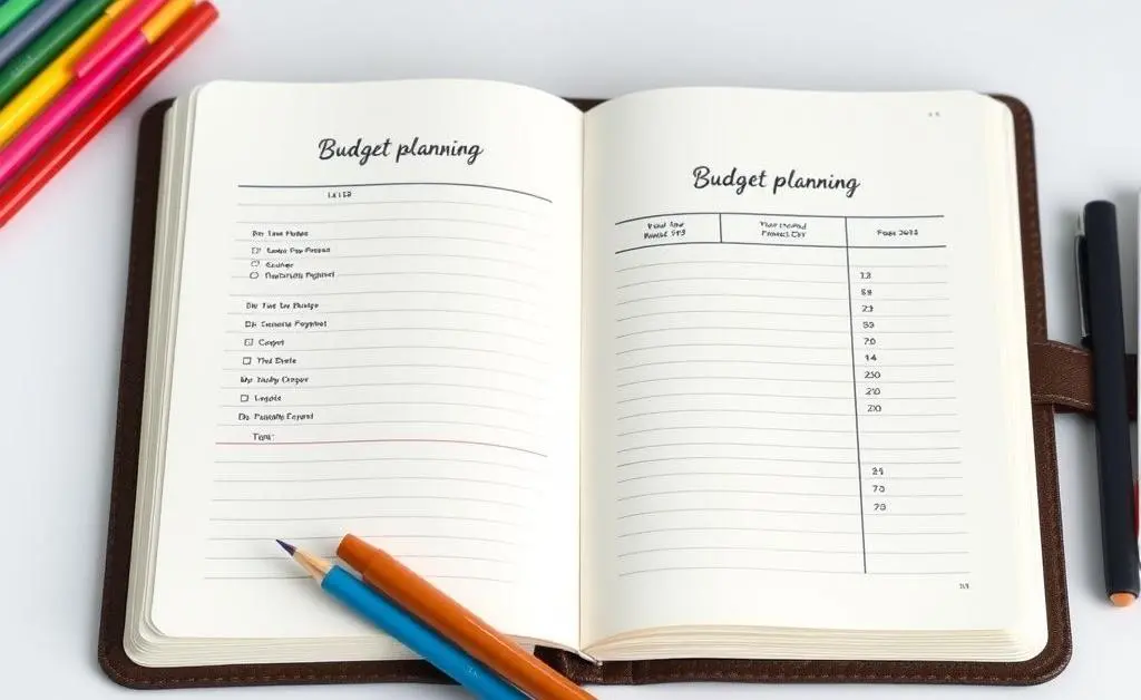 Open notebook with budget planning and colorful pens on a desk, suggesting personal finance organization.