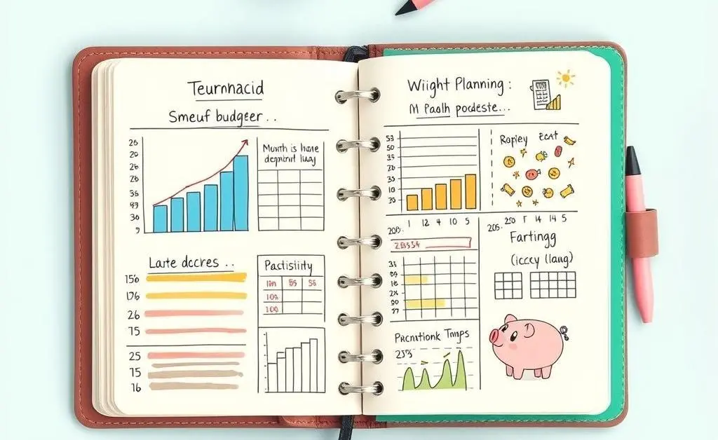 Budgeting notebook with charts and piggy banks