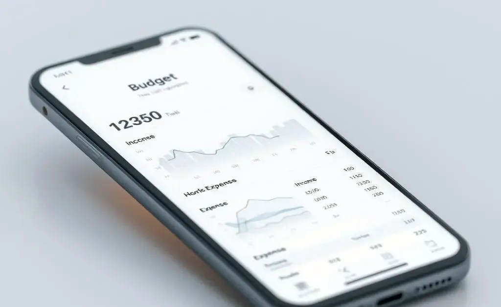 Modern image of a smartphone screen showing a budgeting app with expenses and income tracking.