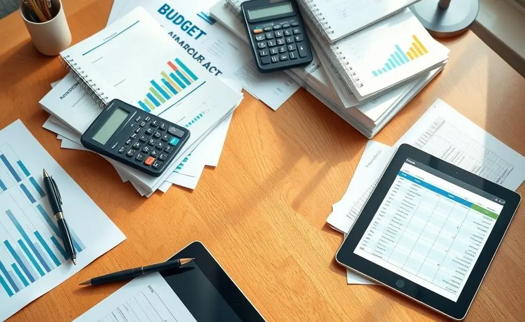 A neatly organized desk with budgeting tools and financial planners