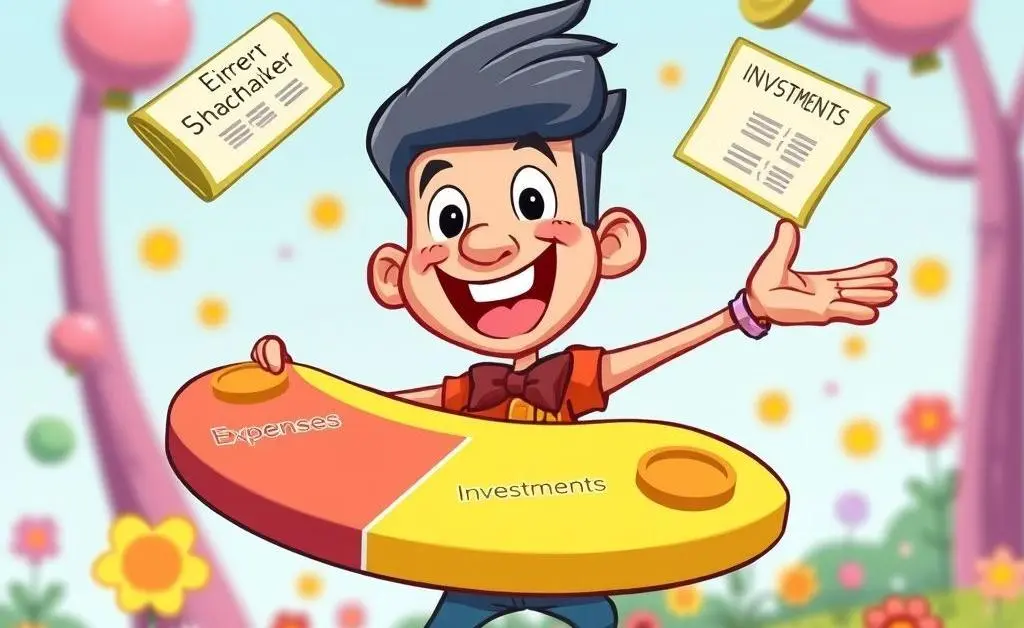 Cartoon of a person juggling a budget with various categories.