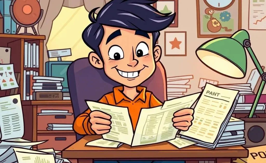 Cartoon-style image of a person budgeting at a desk with dividend papers around.