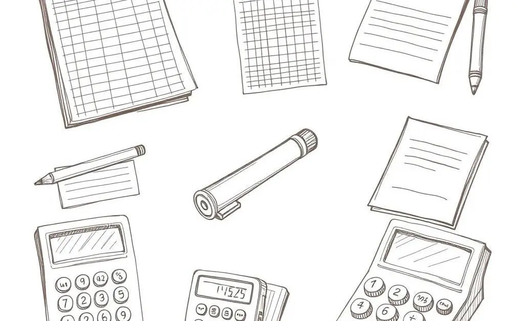 Hand-drawn illustrations representing common budgeting tools like spreadsheets and calculators.