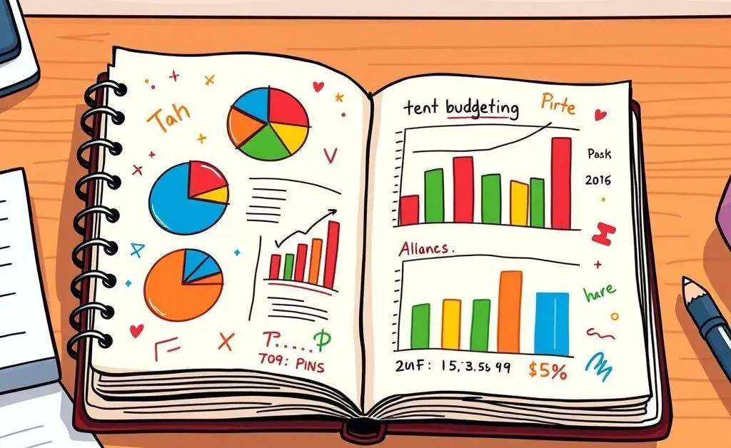 An open notebook with budgeting plans sketched out