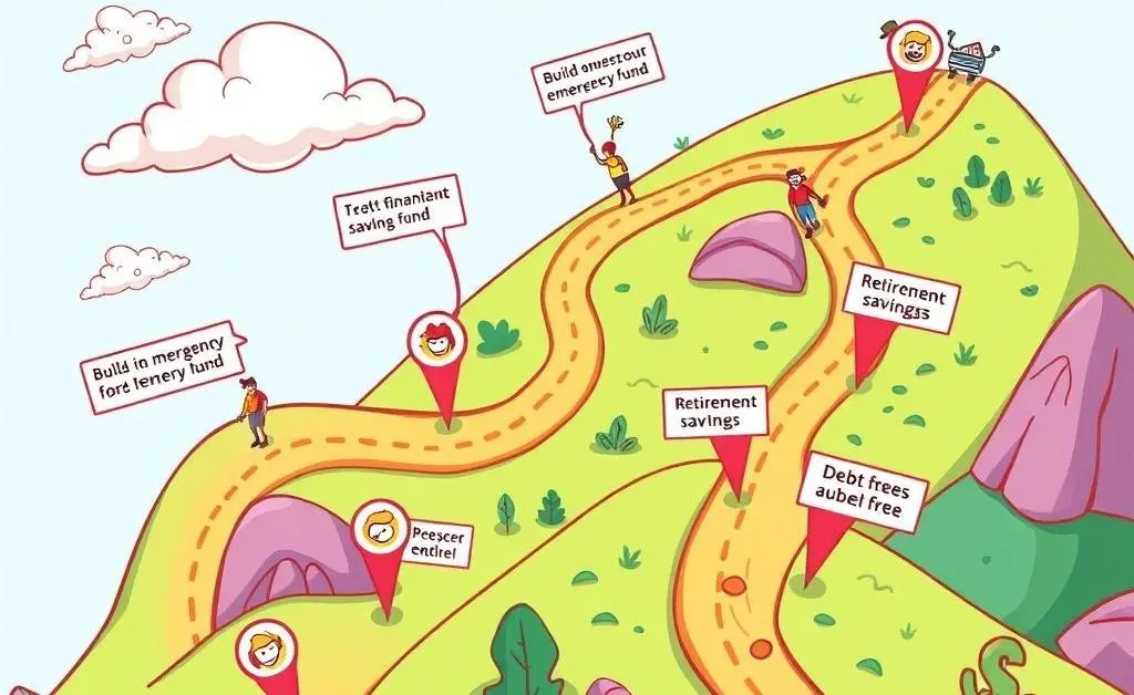 A cartoon-style roadmap with financial milestones
