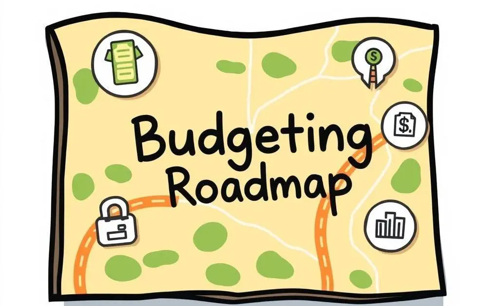 A budgeting roadmap with icons for savings, spending, and investing