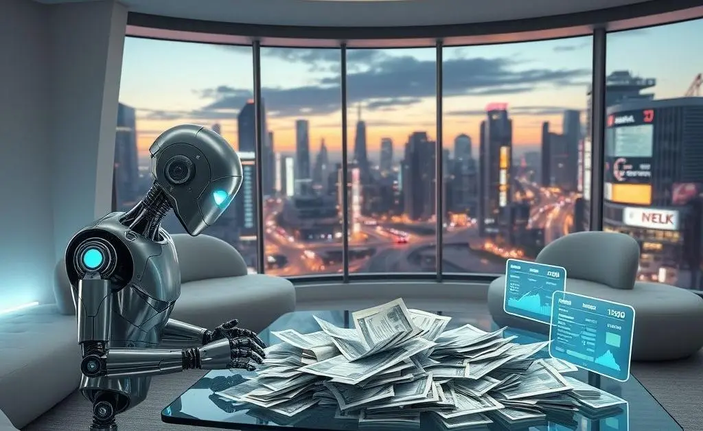 A futuristic living room with a robot staring at a stack of overdue bills