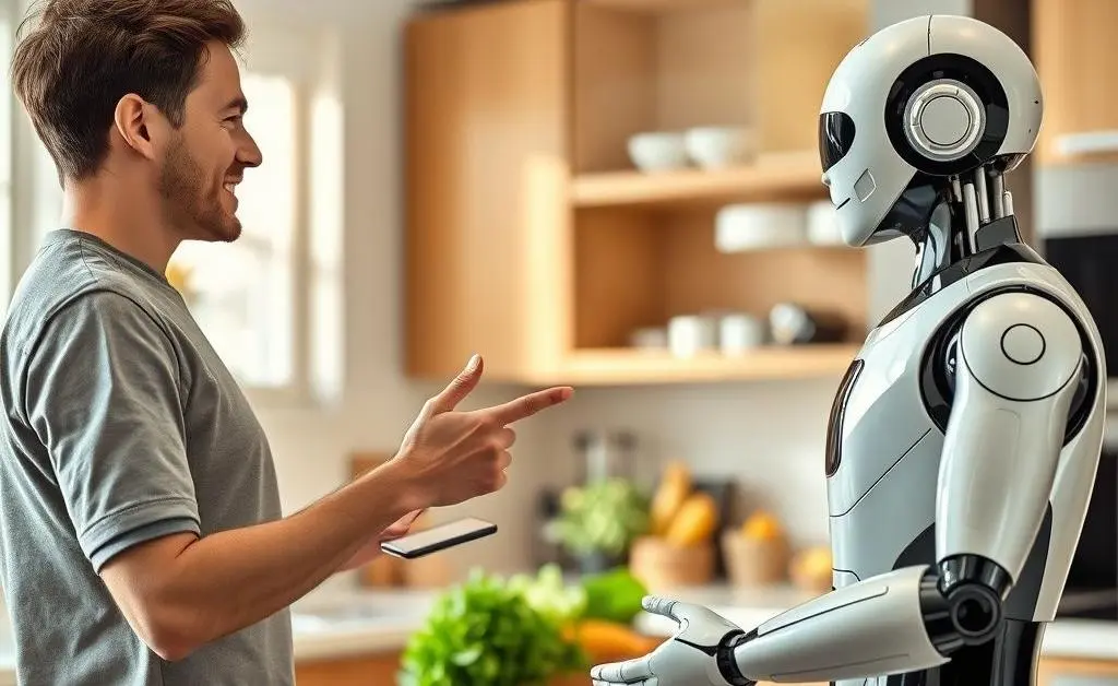 Human chatting with robot in a kitchen while pointing at groceries