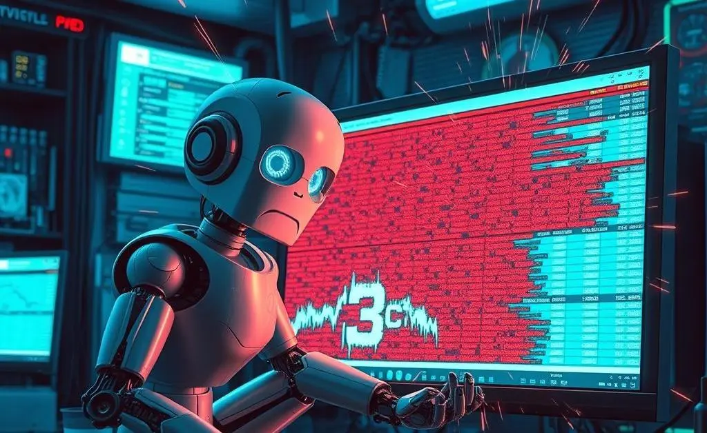 Robot looking overwhelmed in front of a crashing spreadsheet on a computer