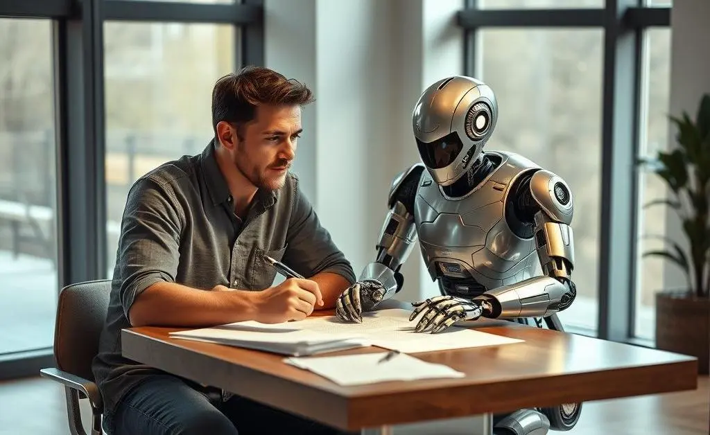 Human and robot sitting together at a table with paper and pen, planning