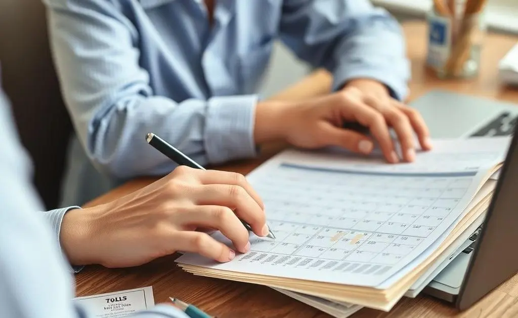 A person making a monthly budget at a desk with bills and a laptop