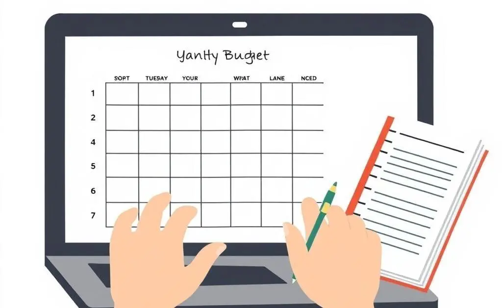 Illustration of a person organizing their monthly budget using a laptop and notebook.