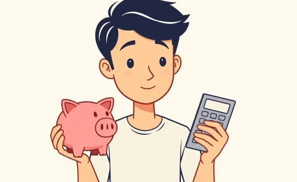 A person with a piggy bank and calculator planning a budget.