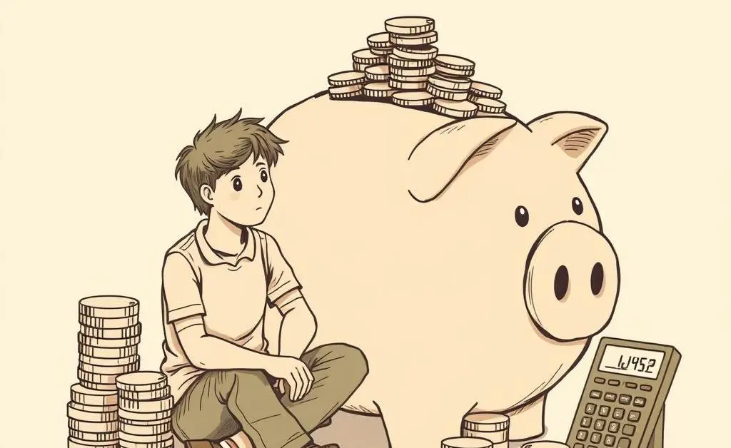 A hand-drawn style image of a person sitting next to a large piggy bank with stacks of coins and a calculator.
