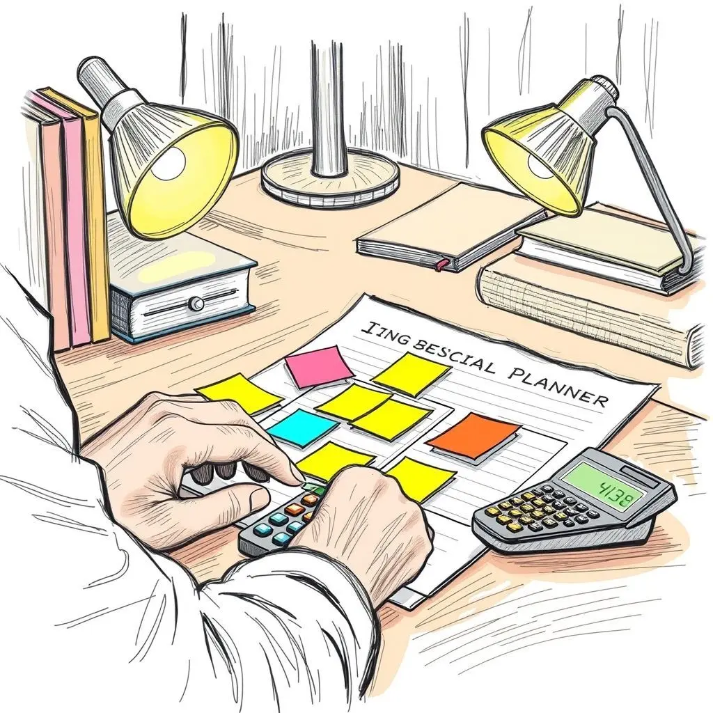 A hand-drawn illustration of a person filling out a budget planner with colorful sticky notes and a calculator.