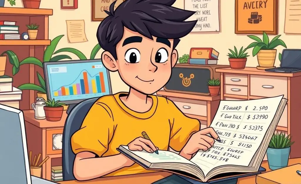 Illustration of a young adult organizing a budget with a laptop and notepad.