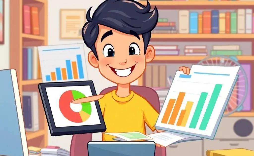Cartoon image of a person organizing expenses and creating a budget plan