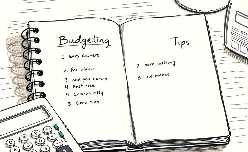 A hand-drawn image of a notebook with the text 'Budgeting Tips' and a calculator beside it.