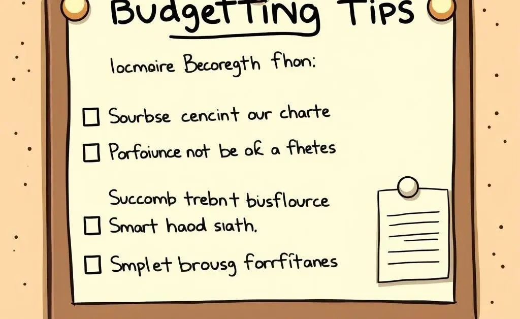 A cartoon-style checklist of budgeting tips pinned on a corkboard.