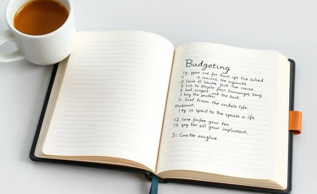 A notebook open on a table with budgeting notes, alongside a warm coffee cup.
