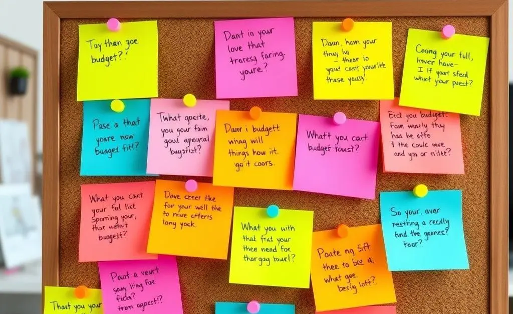 A collection of colorful post-it notes with handwritten budgeting tips